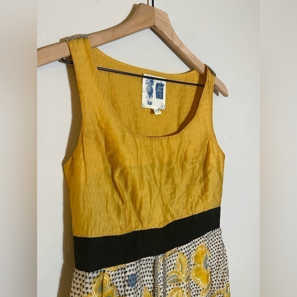 EDME & esyllte Anthropology dress Gold Black Floral Sheath Size 4 Sleeveless - Picture 2 of 7